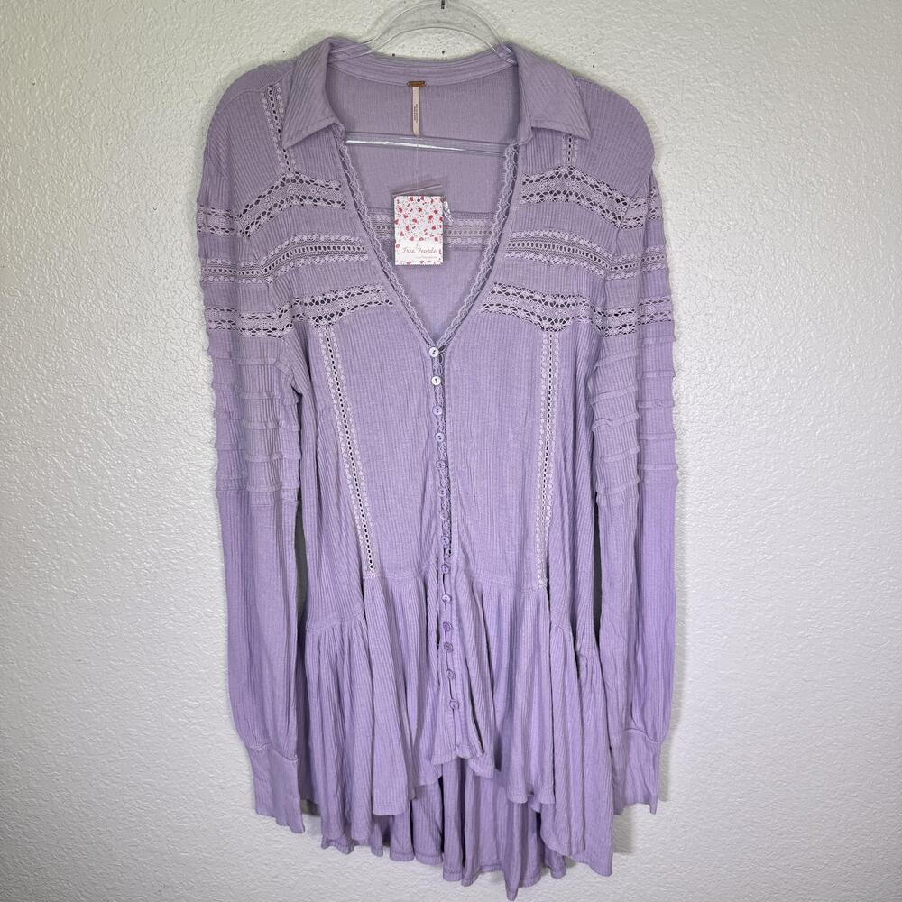 Free People Set to Stun Top Womens Medium Lilac Tunic Crochet Cotton Linen NEW